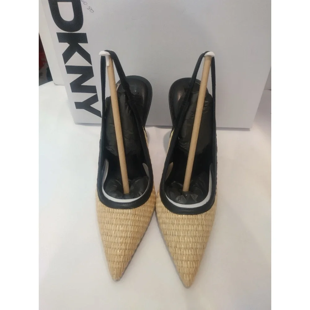 DKNY Cinette Slingback Pumps Natural Raffia Black Pointed Toe Heel K1526881 US 6 - Picture 3 of 8